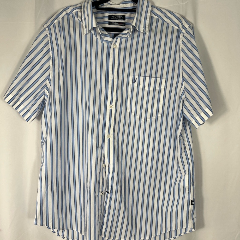 Nautica White and Blue Striped Button Down Shirt